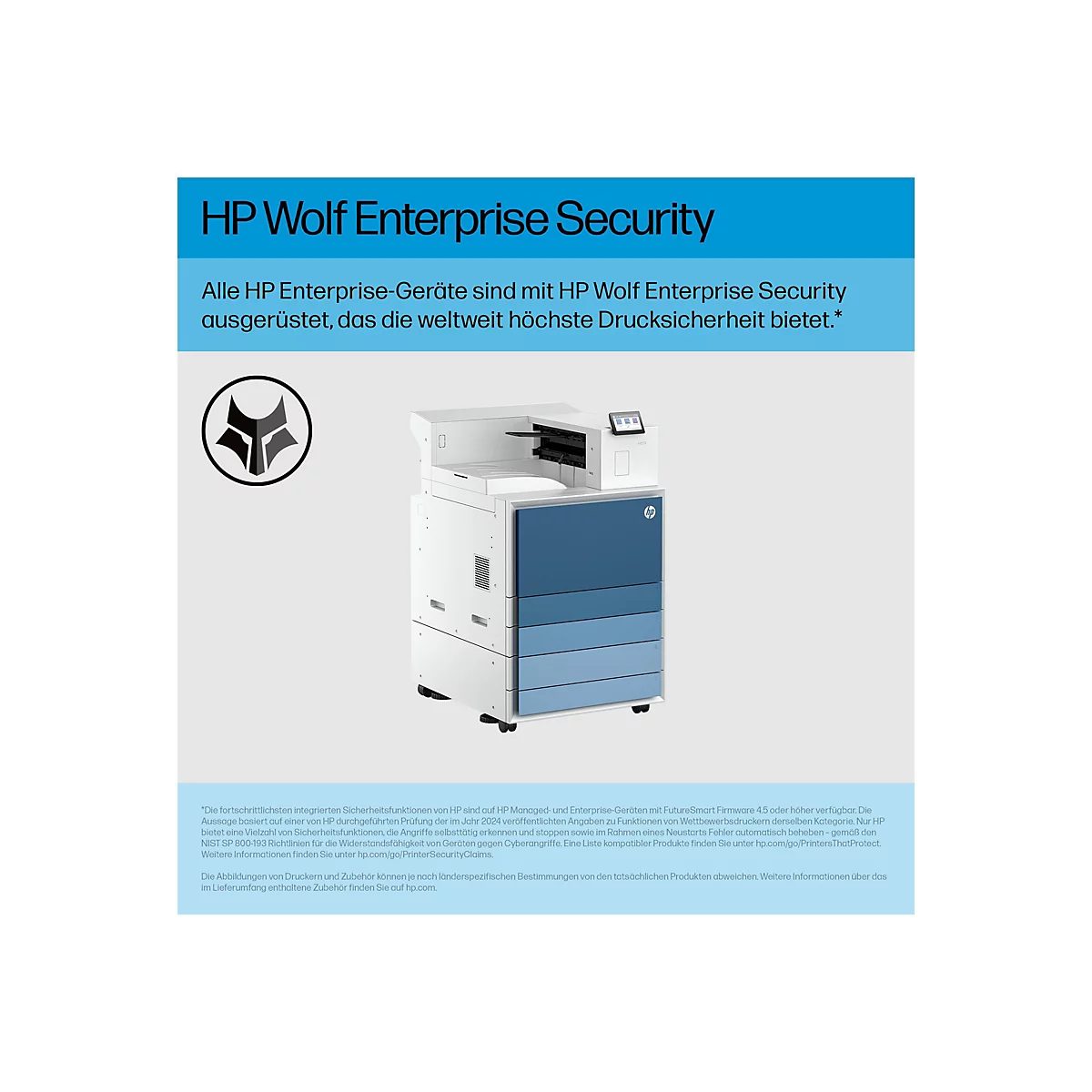 Ein großer, blauer Drucker mit mehreren Schubladen steht vor einem hellgrauen Hintergrund. Oben befindet sich ein kleines Bedienfeld. Der Titel lautet „HP Wolf Enterprise Security“.