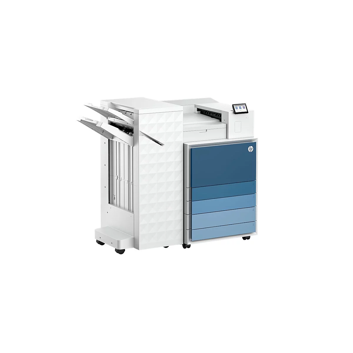Ein großer, weißer Drucker mit blauen Schubladen und HP-Logo. Mehrere Klappen sind geöffnet.