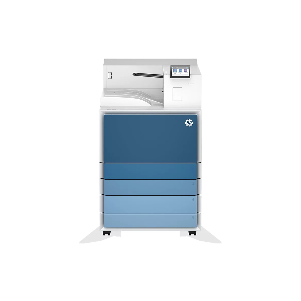 Ein großer, weißer Drucker mit blau-gestreiften Schubladen. Oben befindet sich ein Touchscreen-Bedienfeld.