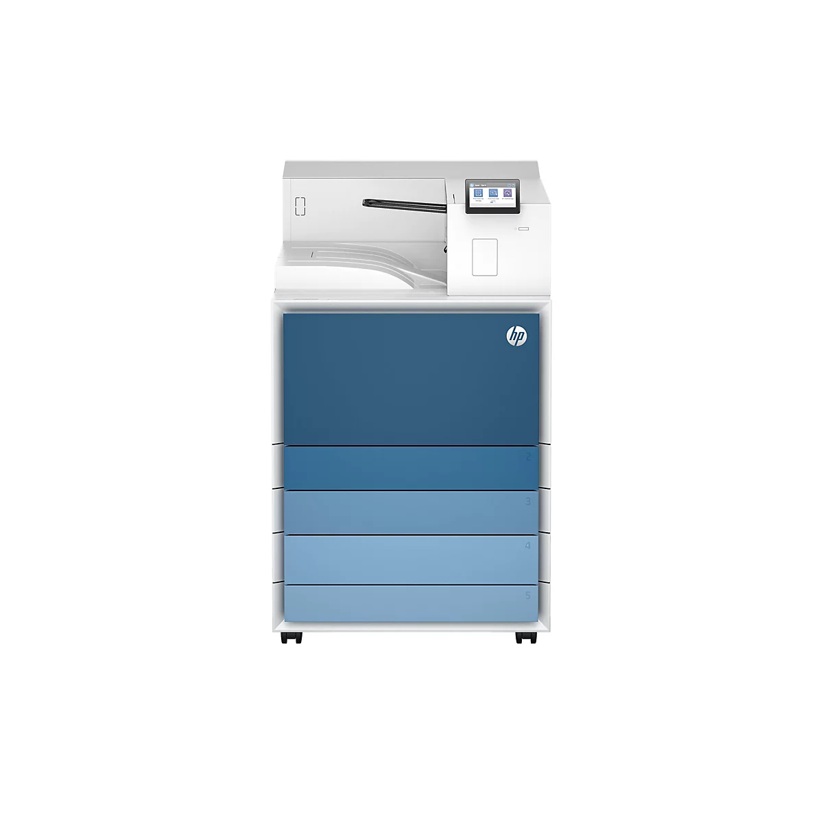 Großer weißer Drucker mit blauem Gehäuse und HP-Logo. Auf dem Touchscreen ist ein Menü zu sehen.