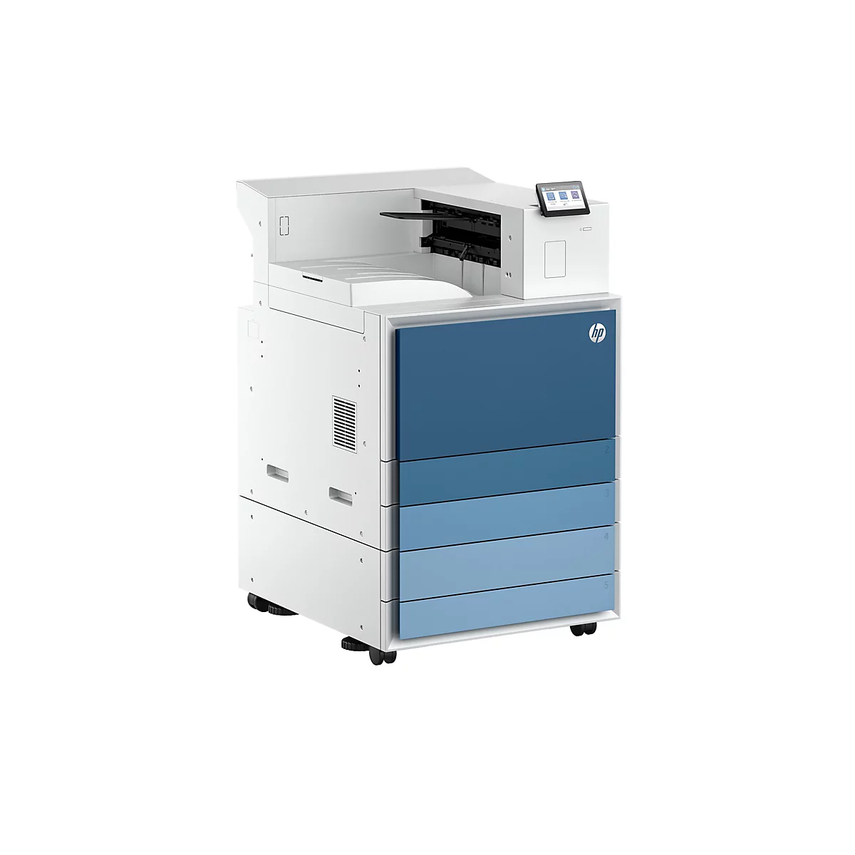 Ein weißer HP-Multifunktionsdrucker mit blauem Bedienfeld und Schubladen. Oben ein Touchscreen. Das HP-Logo befindet sich auf der Vorderseite.