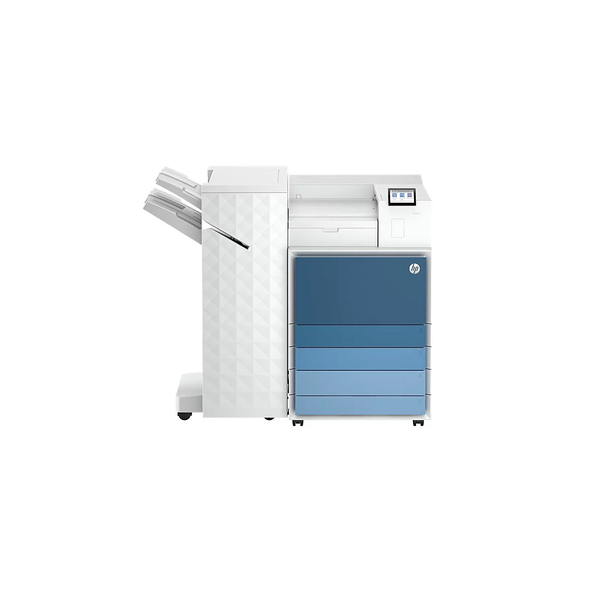 Ein großer, weißer Drucker mit blauen Akzenten, darunter das HP-Logo, steht vor weißem Hintergrund. Der Papiereinzug ist geöffnet.