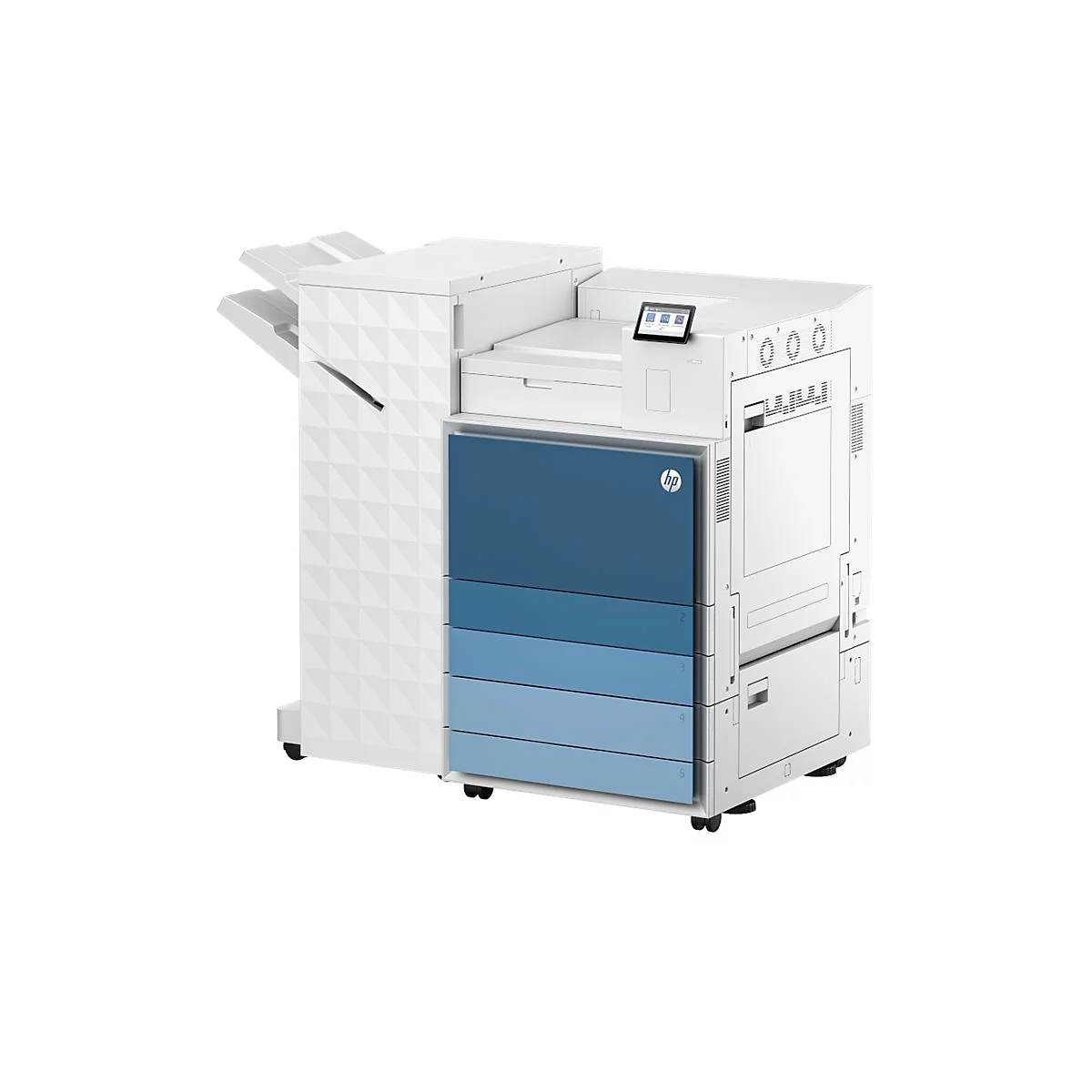 Ein weißer, großer Drucker mit blau abgestuften Schubladen. Ein Touchscreen und das HP Logo sind sichtbar.