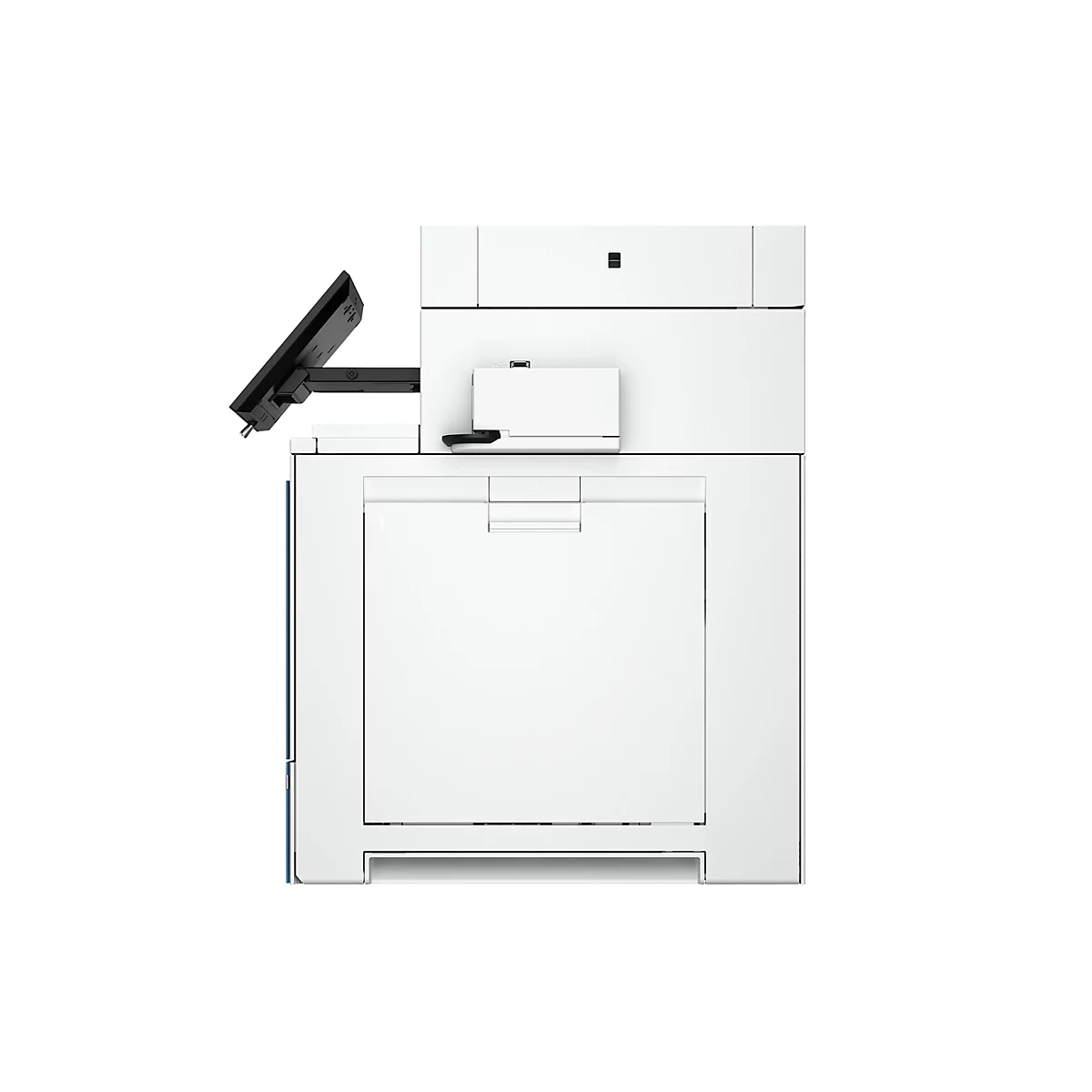 Ein weißer Multifunktionsdrucker, mit einem schwarzen Bildschirm und einem Papierausgabefach.