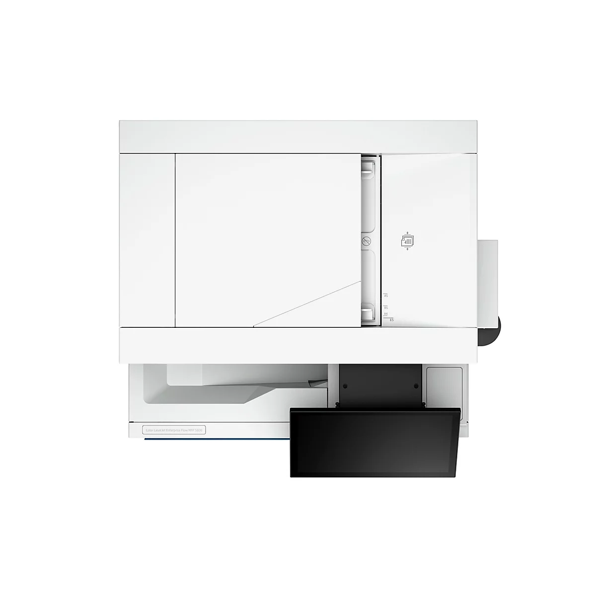 Draufsicht auf einen weißen Drucker mit schwarzem Touchscreen. Auf der Oberfläche sind Symbole und Schriftzüge zu sehen.