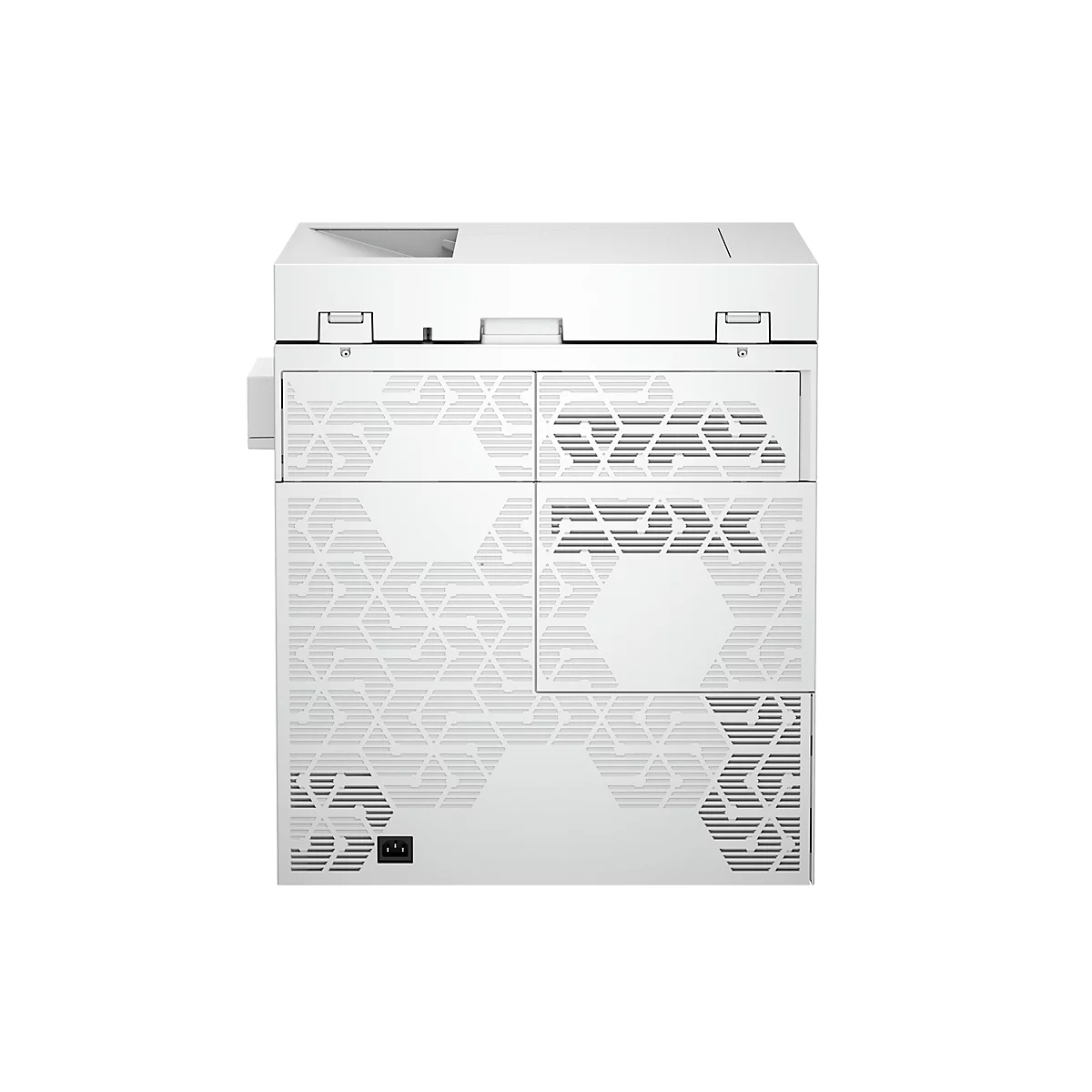 Ein weißer Drucker mit geometrischem Muster auf einer weißen Oberfläche. Der Drucker ist von vorne abgebildet.