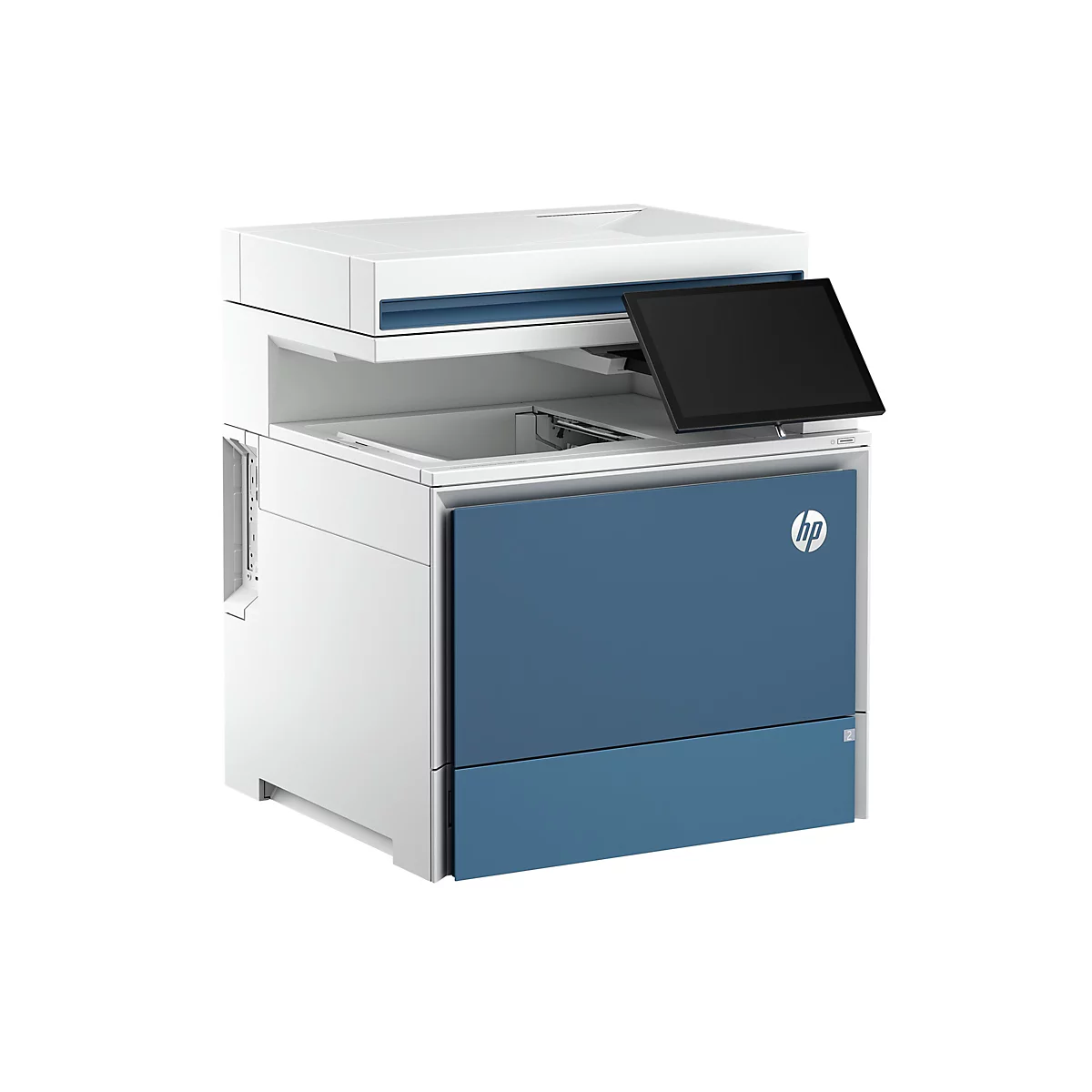Ein weiß-blauer HP-Multifunktionsdrucker. Auf der Vorderseite ist ein Touchscreen-Display und das HP-Logo sichtbar.