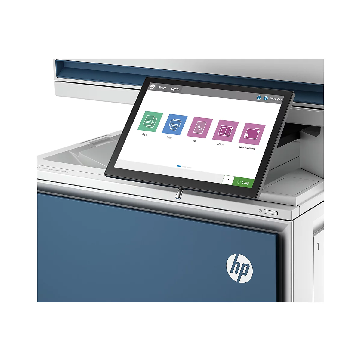 Ein HP-Multifunktionsgerät mit Touchscreen-Bedienfeld. Auf dem Bildschirm werden Optionen wie Kopieren, Drucken und Scannen angezeigt.