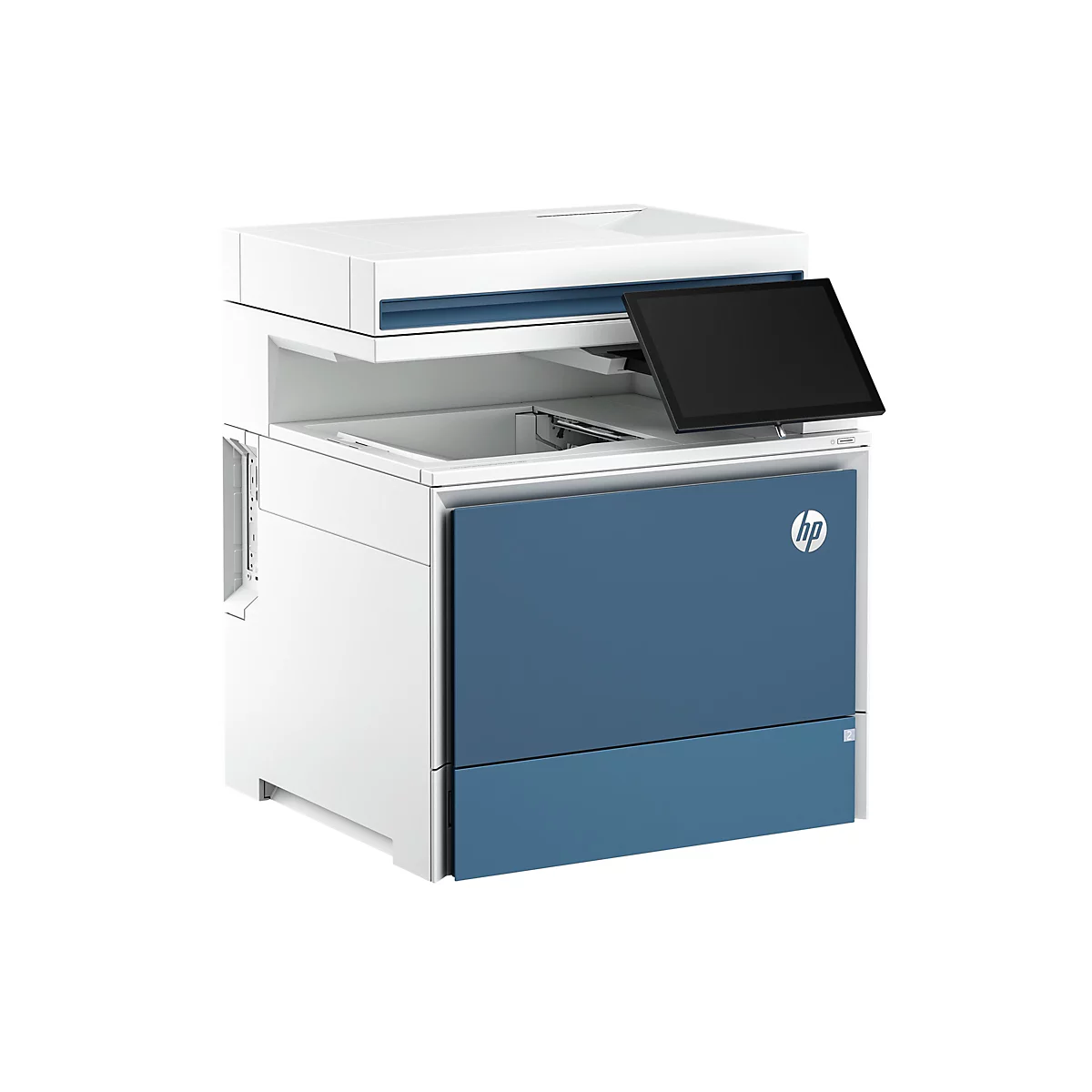 Ein weiß-blauer HP-Multifunktionsdrucker. Der Touchscreen ist schwarz. Das HP-Logo ist auf der blauen Frontseite zu sehen.