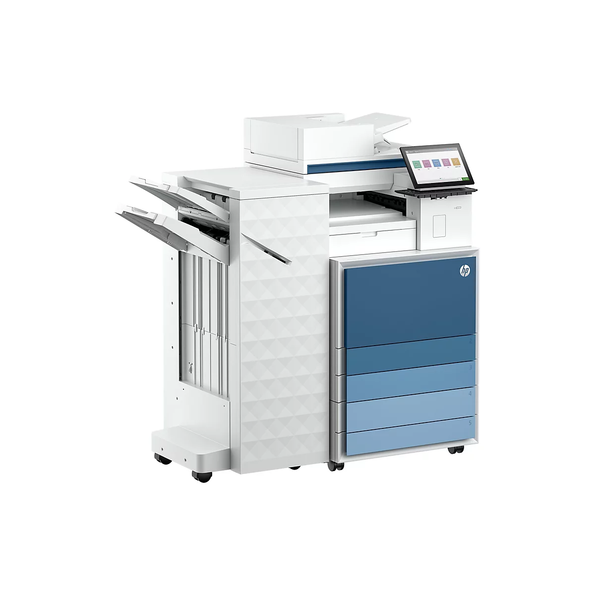 Ein großer, weiß-blauer Drucker mit Touchscreen. Geöffnete Abdeckungen geben Einblick in das Innenleben. Ein Touchscreen zeigt Icons an.