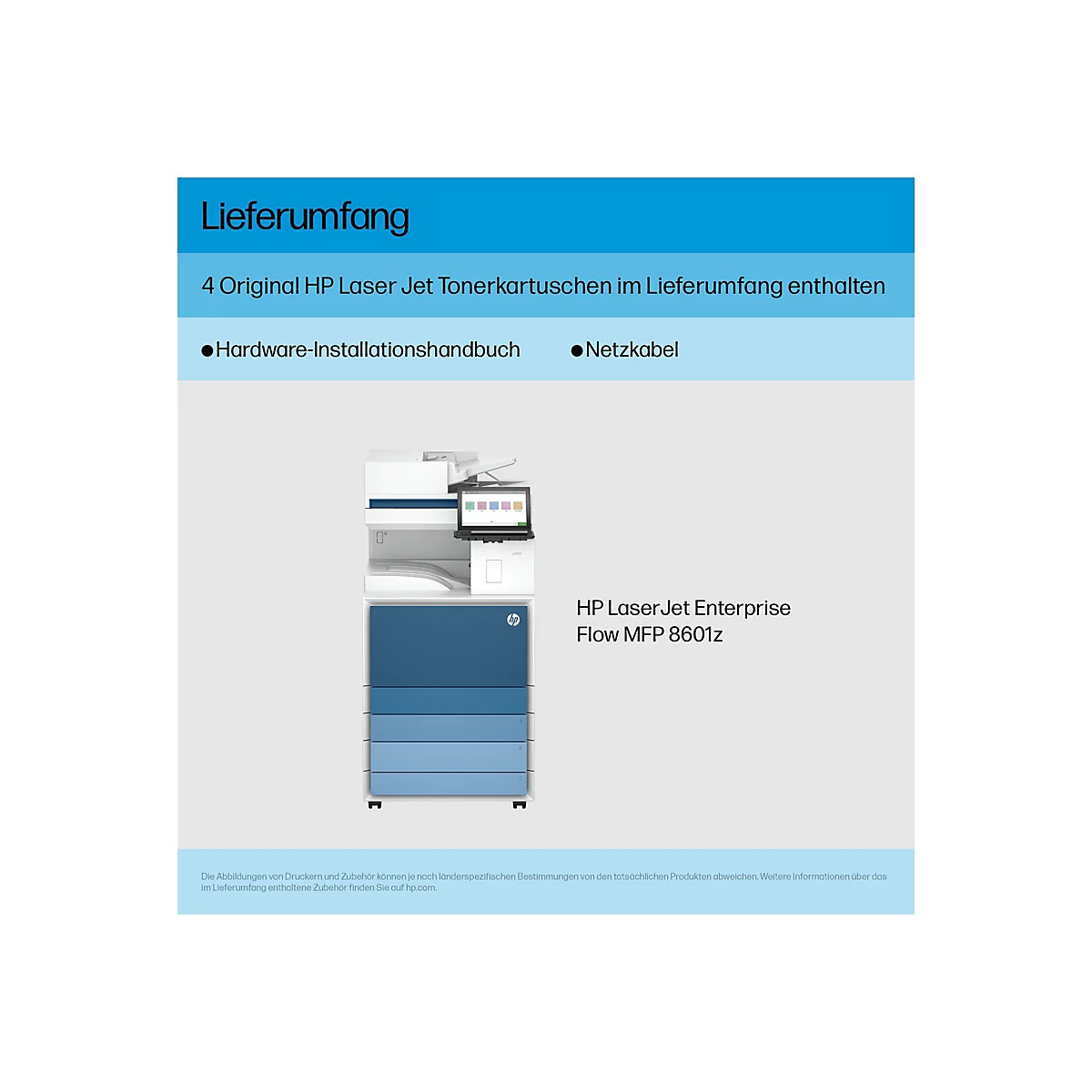 Ein HP LaserJet Enterprise Flow MFP 8601z Drucker. Im Lieferumfang enthalten: 4 Tonerkartuschen, Netzkabel, Handbuch.