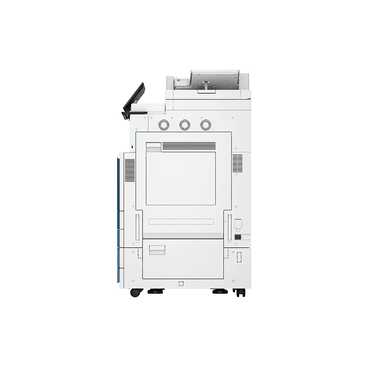 Ein weißer, großer Multifunktionsdrucker vor neutralem Hintergrund. Er hat ein schwarzes Bedienfeld, Lüftungsschlitze und Rollen.