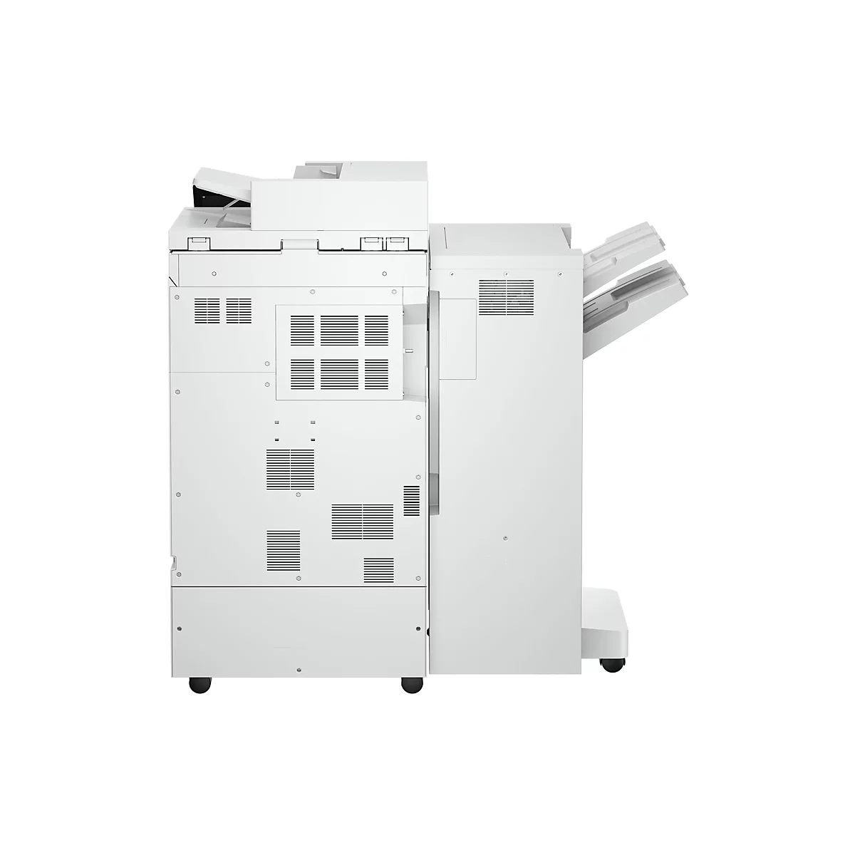 Ein weißer, großer Bürodrucker mit Papierausgabefach und Lüftungsschlitzen auf weißem Hintergrund.