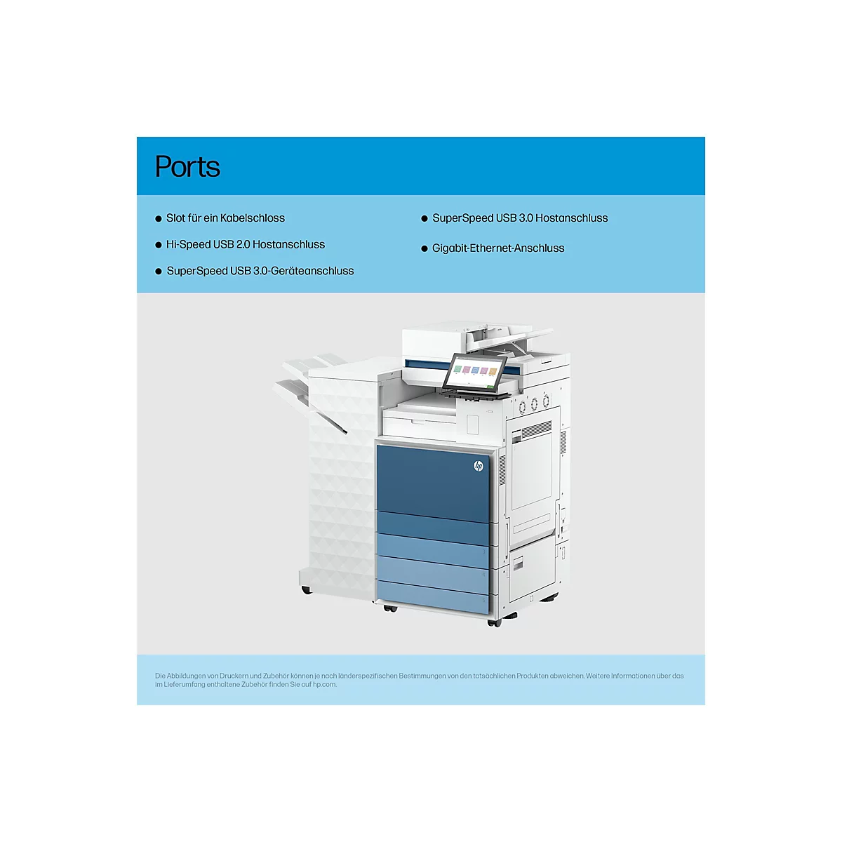 Ein großer, weiß-blauer Drucker mit Touchscreen. Im oberen Bereich befindet sich ein blauer Balken mit der Aufschrift "Ports" und einer Liste von Anschlüssen.