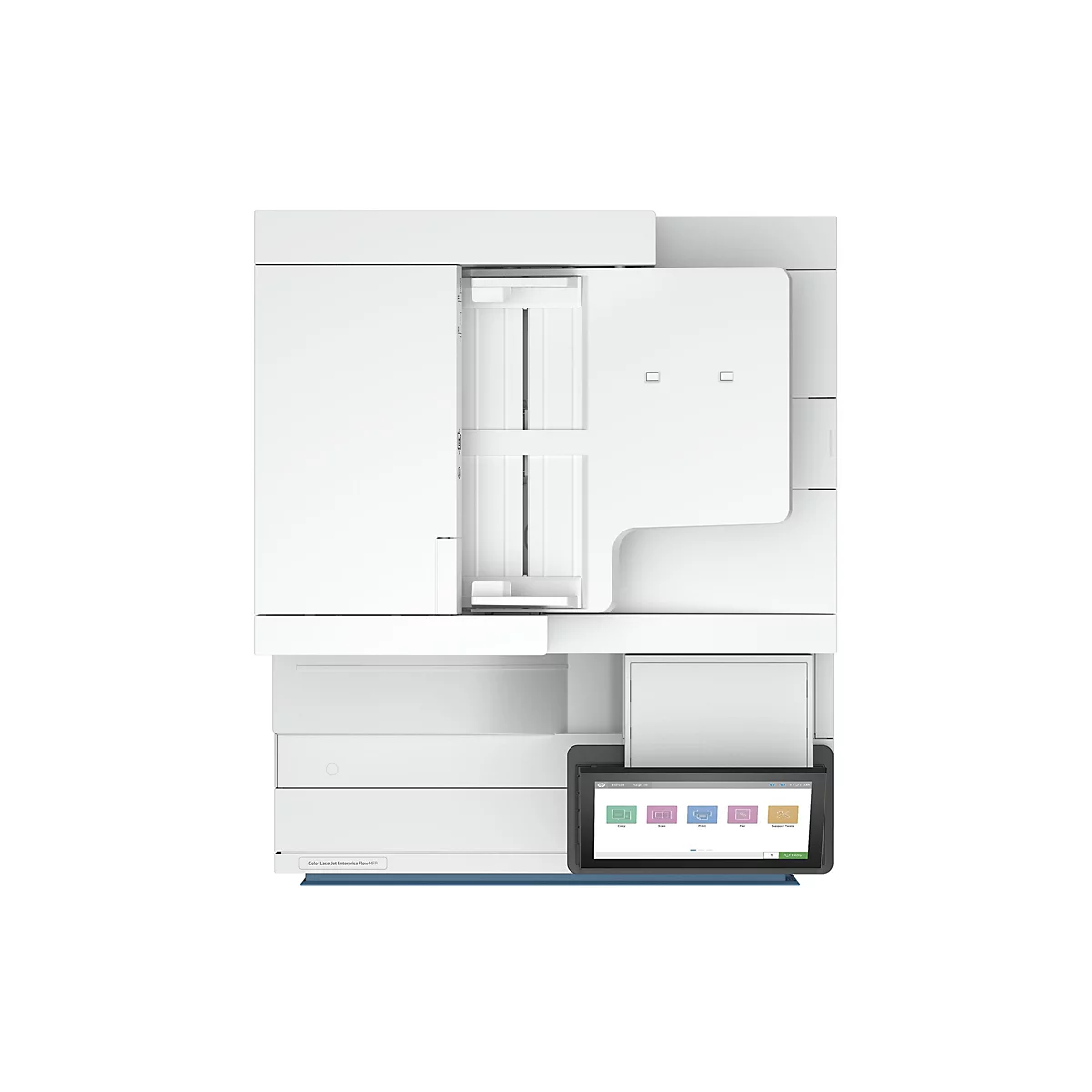 Ein weißer Drucker mit Touchscreen, Tasten und Papierausgabefächern.