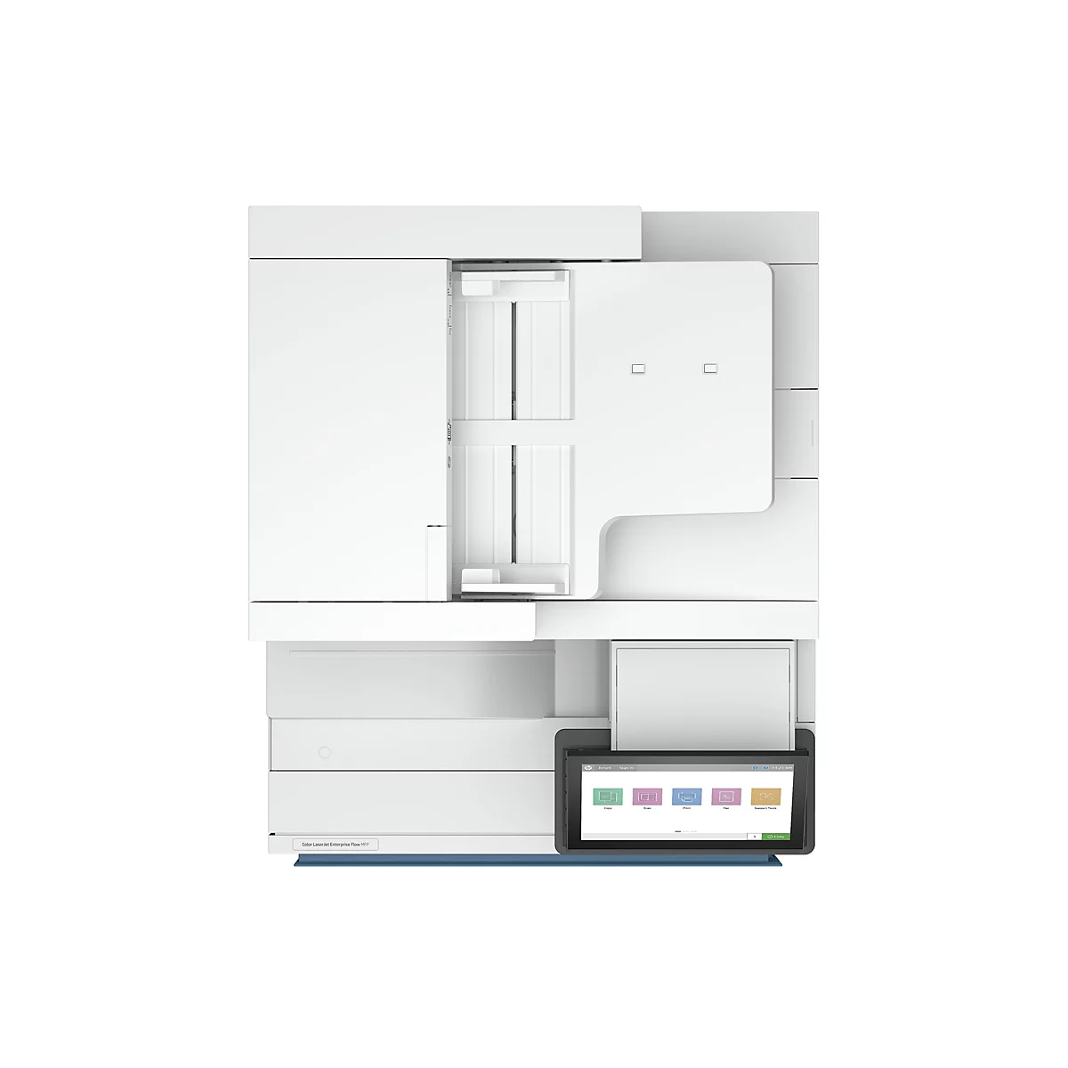 Draufsicht auf einen weißen Drucker. Auf dem Touchscreen werden Optionen wie "Kopieren", "Scannen", "Drucken" und "Faxen" angezeigt.