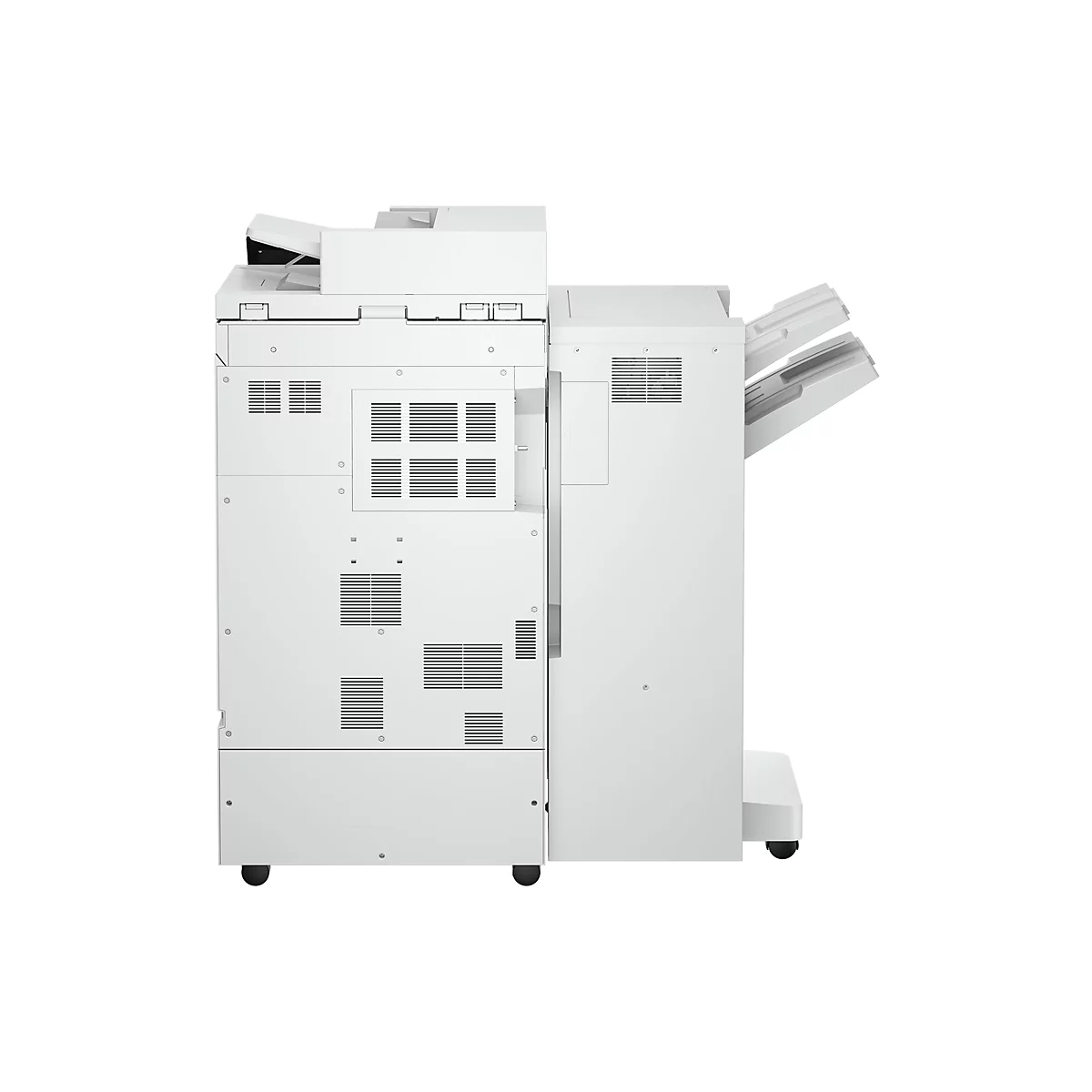 Ein weißer, großer Multifunktionsdrucker. Er hat Lüftungsschlitze und Ausgabefächer.