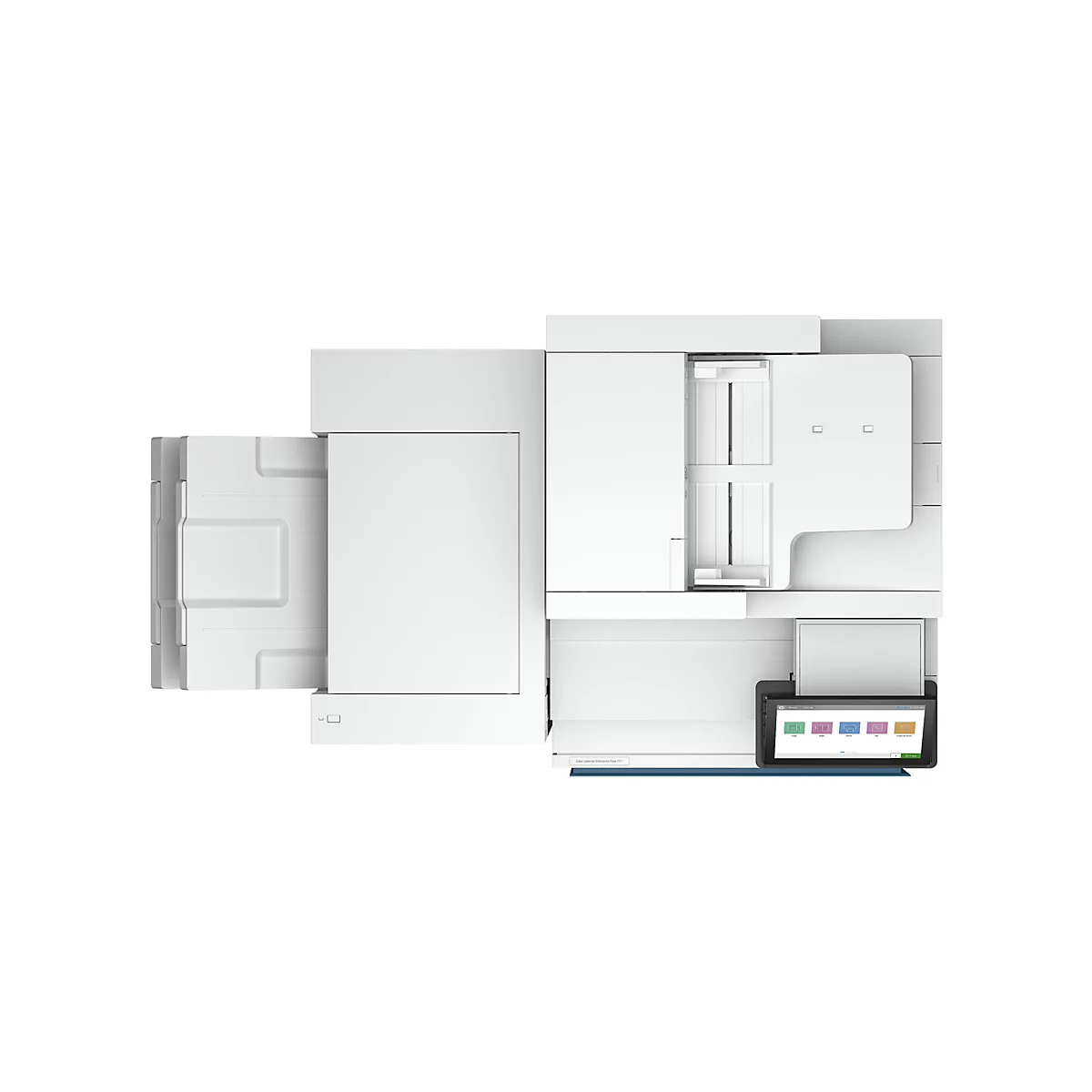 Draufsicht auf einen weißen Drucker mit einem Touchscreen-Display. Auf dem Bildschirm sind Optionen wie Kopieren, Scannen und Faxen zu sehen.