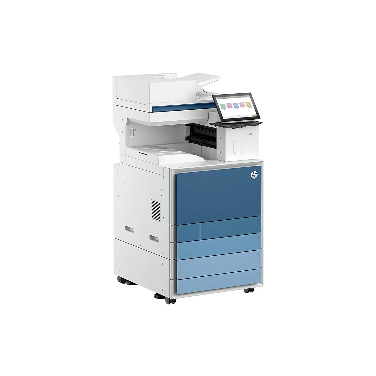 Ein weiß-blaues Multifunktionsgerät von HP, mit Touchscreen-Bedienfeld, vor weißem Hintergrund. Der Drucker verfügt über mehrere Schubladen und das HP-Logo.