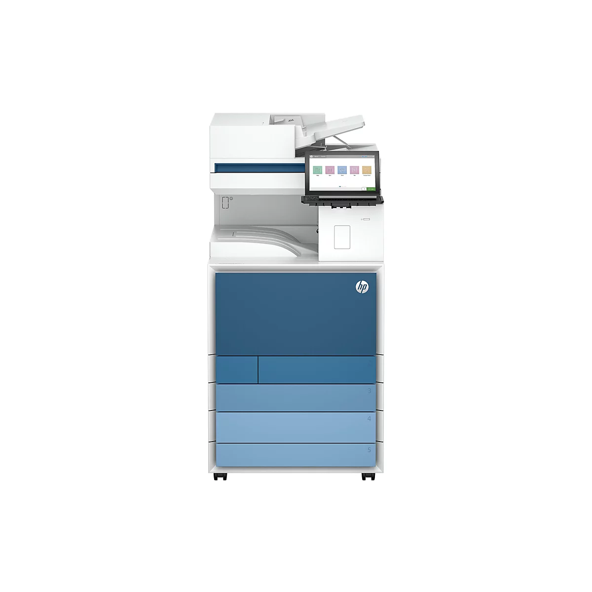 Ein weißer HP-Multifunktionsdrucker mit blauem Akzent und Touchscreen. Das Gerät hat eine Klappe zum Einlegen von Papier und eine Schublade mit mehreren Fächern.