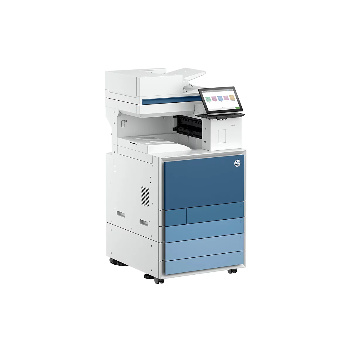 Ein weiß-blauer Büro-Multifunktionsdrucker mit Touchscreen und HP-Logo. Fünf Schubladen in Blautönen.