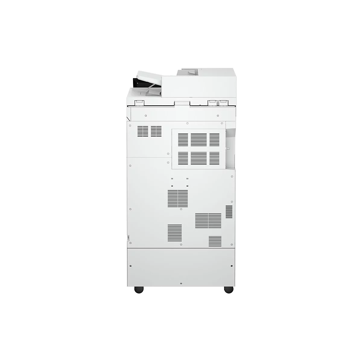 Ein weißer Multifunktionsdrucker, von vorne fotografiert. Er steht auf Rollen und hat Lüftungsschlitze.