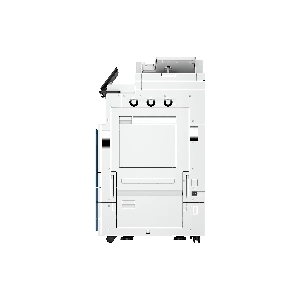 Ein weißer Drucker, geradeaus aufgenommen, mit Details wie Lüftungsschlitzen und Bedienfeld.