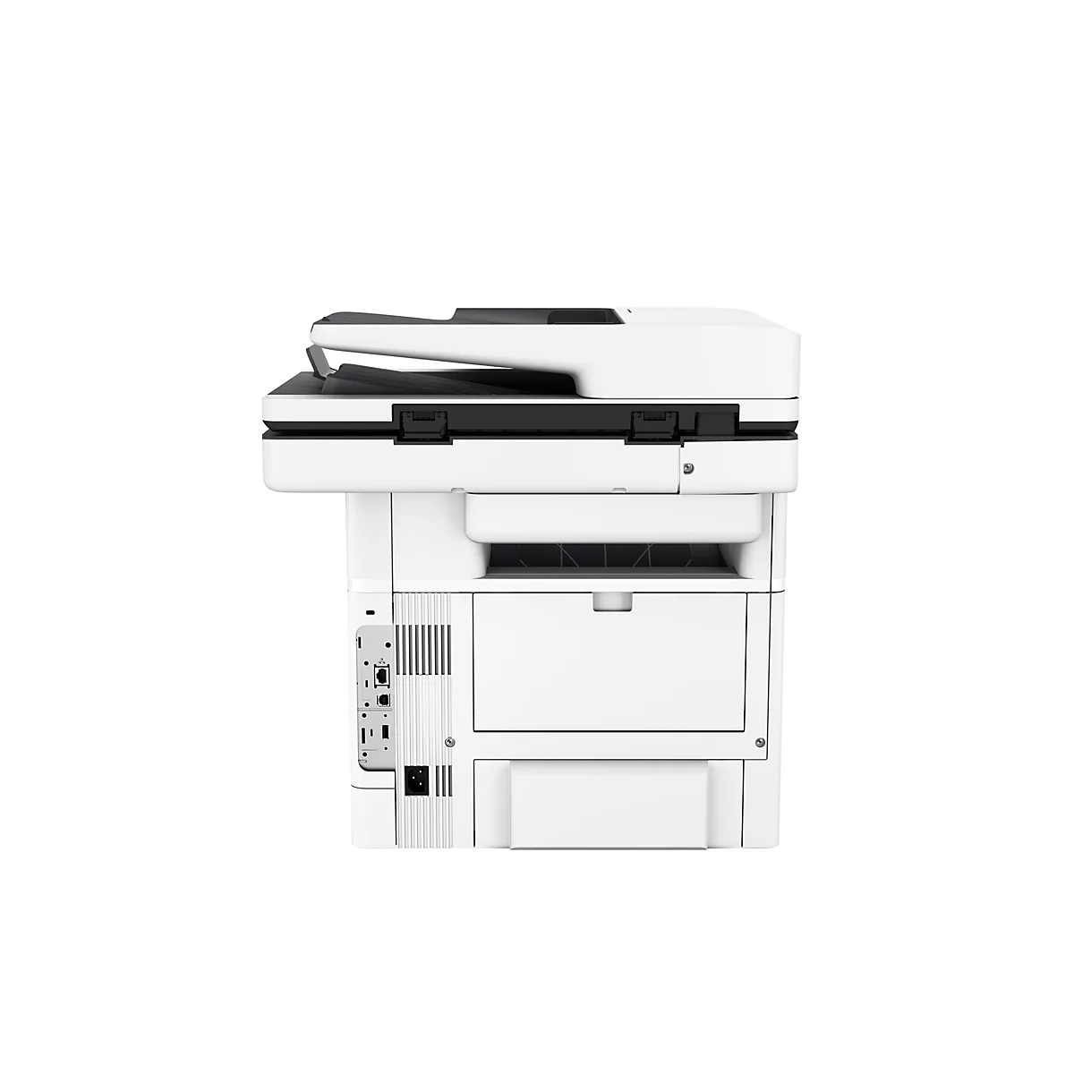 Ein weißer Multifunktionsdrucker auf weißem Hintergrund. Die obere Abdeckung ist schwarz. Seitlich befinden sich Anschlüsse.