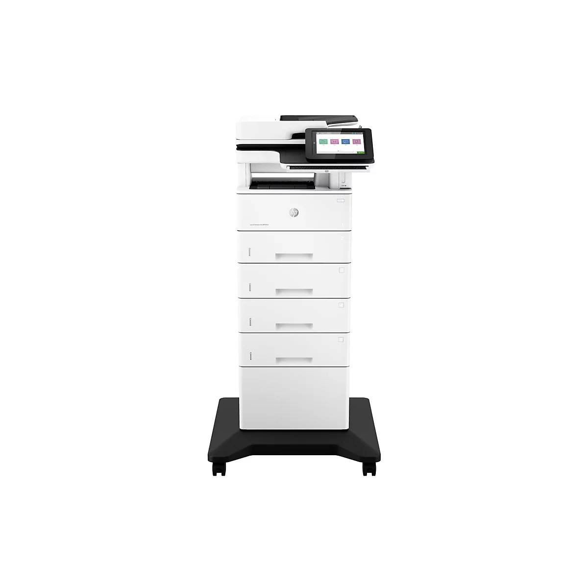 Weißer HP Laserdrucker mit Touchscreen und Papierfächern auf schwarzer Basis.