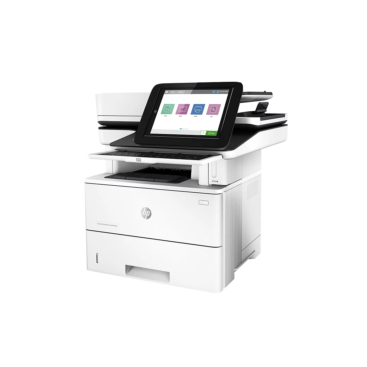 Weißer HP Drucker mit Touchscreen, Kopier-, Scan-, Druck- und Faxfunktion.
