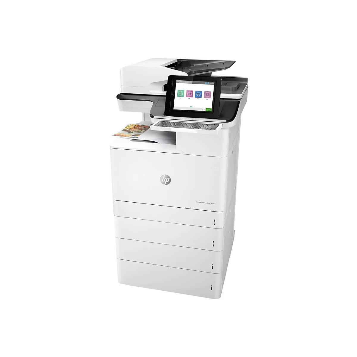 Weißer HP-Multifunktionsdrucker mit Touchscreen, Papierausdruck und kleiner Tastatur. Auf dem Display werden Optionen zum Kopieren, Scannen, Drucken und Faxen angezeigt.