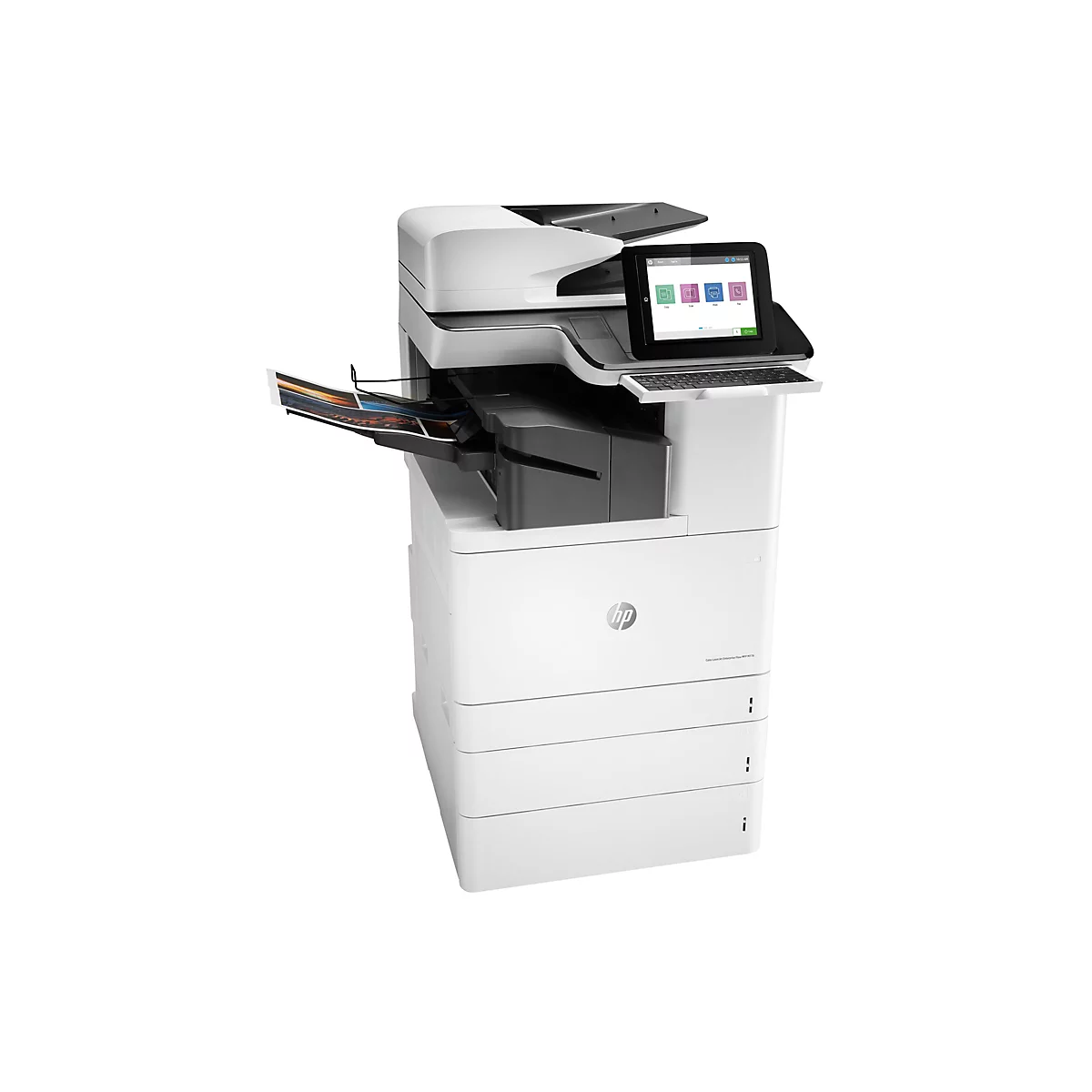 Weißer HP-Multifunktionsdrucker mit Touchscreen-Bedienfeld, einem gedruckten Dokument und einer ausziehbaren Tastatur.