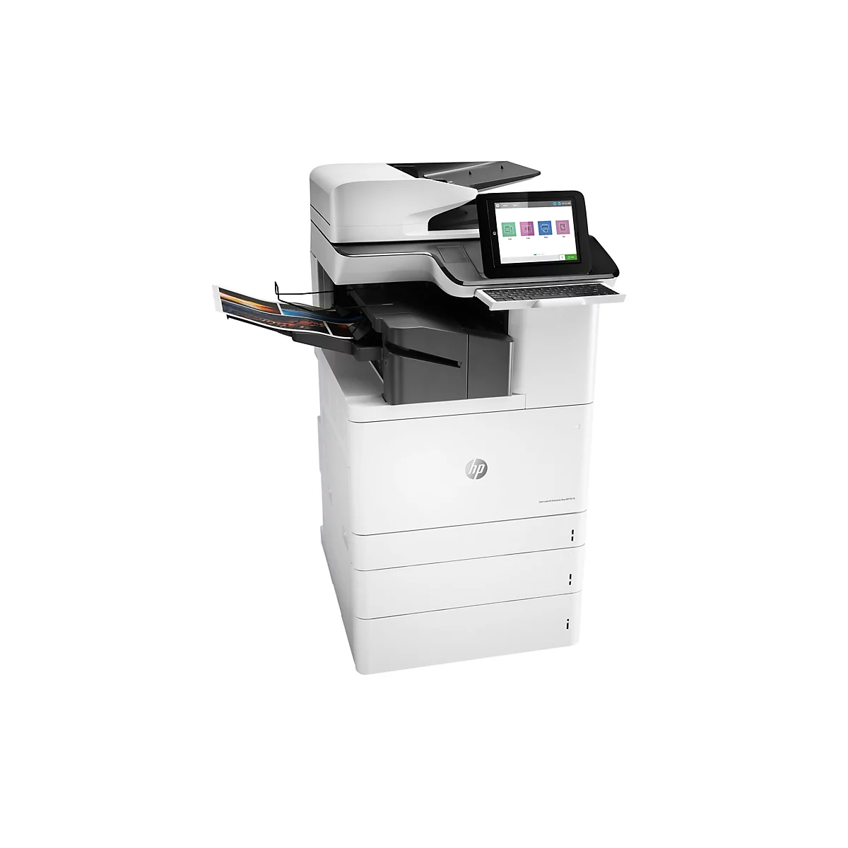 Weißer Multifunktionsdrucker mit Touchscreen, Tastatur und bedrucktem Papier. Ein HP Logo ist zu sehen.