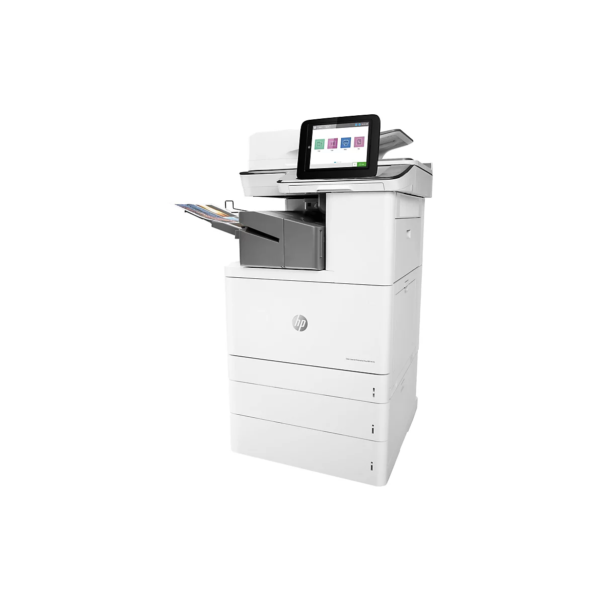Weißer HP-Multifunktionsdrucker. Touchscreen mit Icons. Ausgabefach mit Farbkopien.