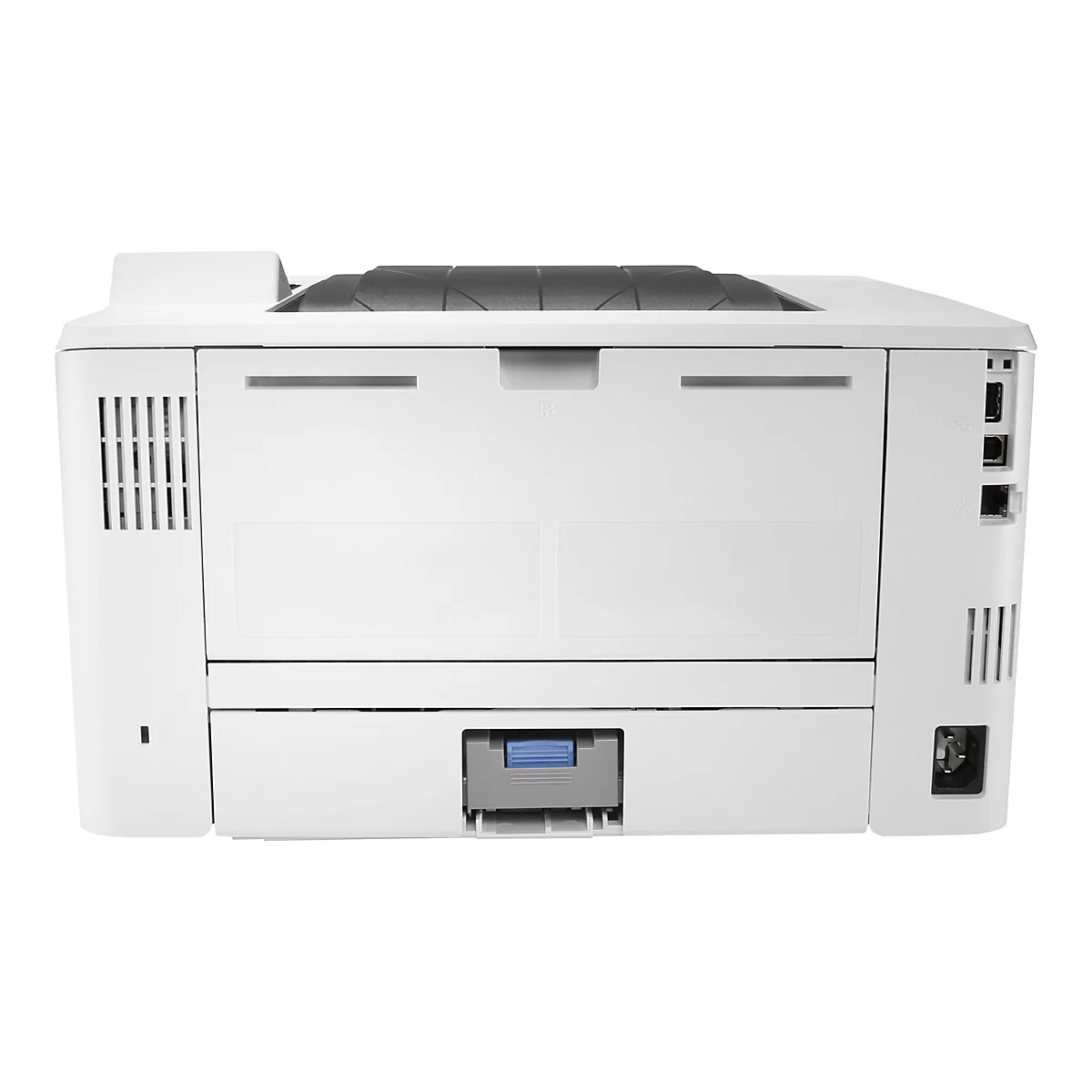 Rückansicht eines weißen Laserdruckers. Der Drucker hat Lüftungsschlitze und Anschlüsse. Die Papierzufuhr ist teilweise geöffnet.