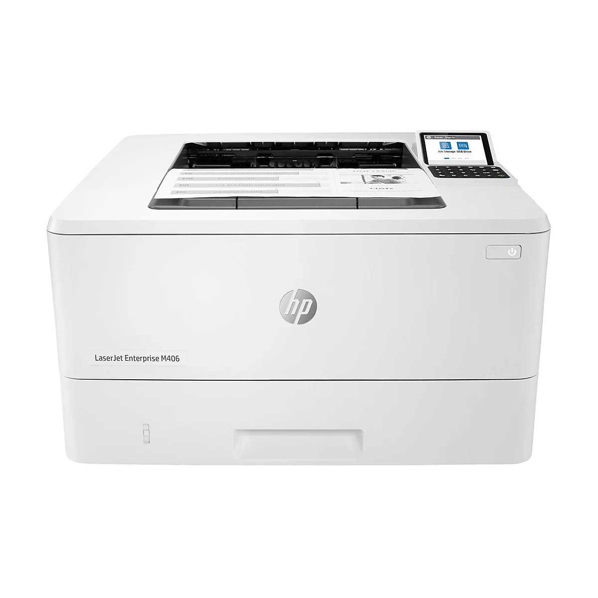 Weißer HP LaserJet Enterprise M406 Drucker, mit Bedienfeld und Papiereinzug. Auf dem Papier ist Text und auf dem Display wird 'Job Storage USB Drive' angezeigt.