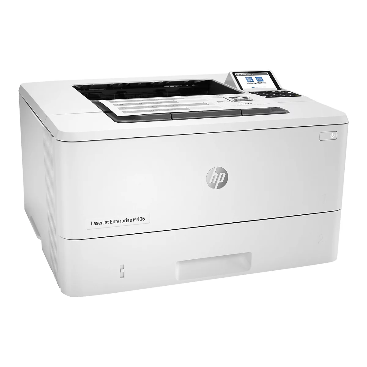 Ein weißer HP Laserjet Enterprise M406 Drucker. Oben liegt ein bedrucktes Blatt, rechts ein Bedienfeld.