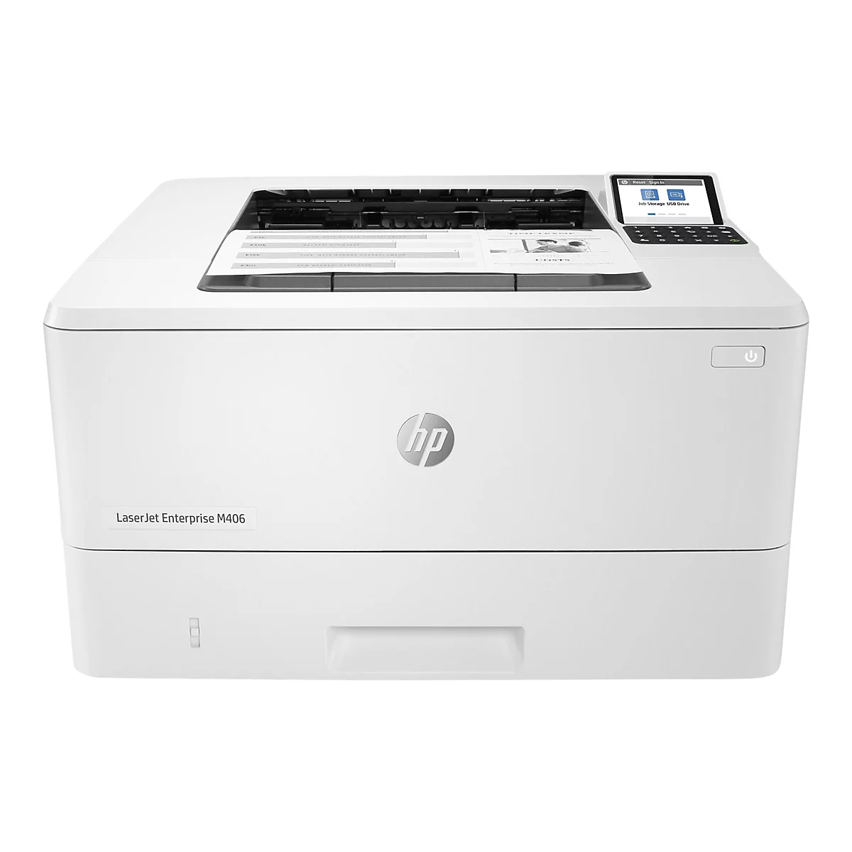 Ein weißer HP Laserjet Enterprise M406 Drucker steht vor weißem Hintergrund. Oben liegt ein Ausdruck. Auf der rechten Seite befindet sich ein kleines Display.