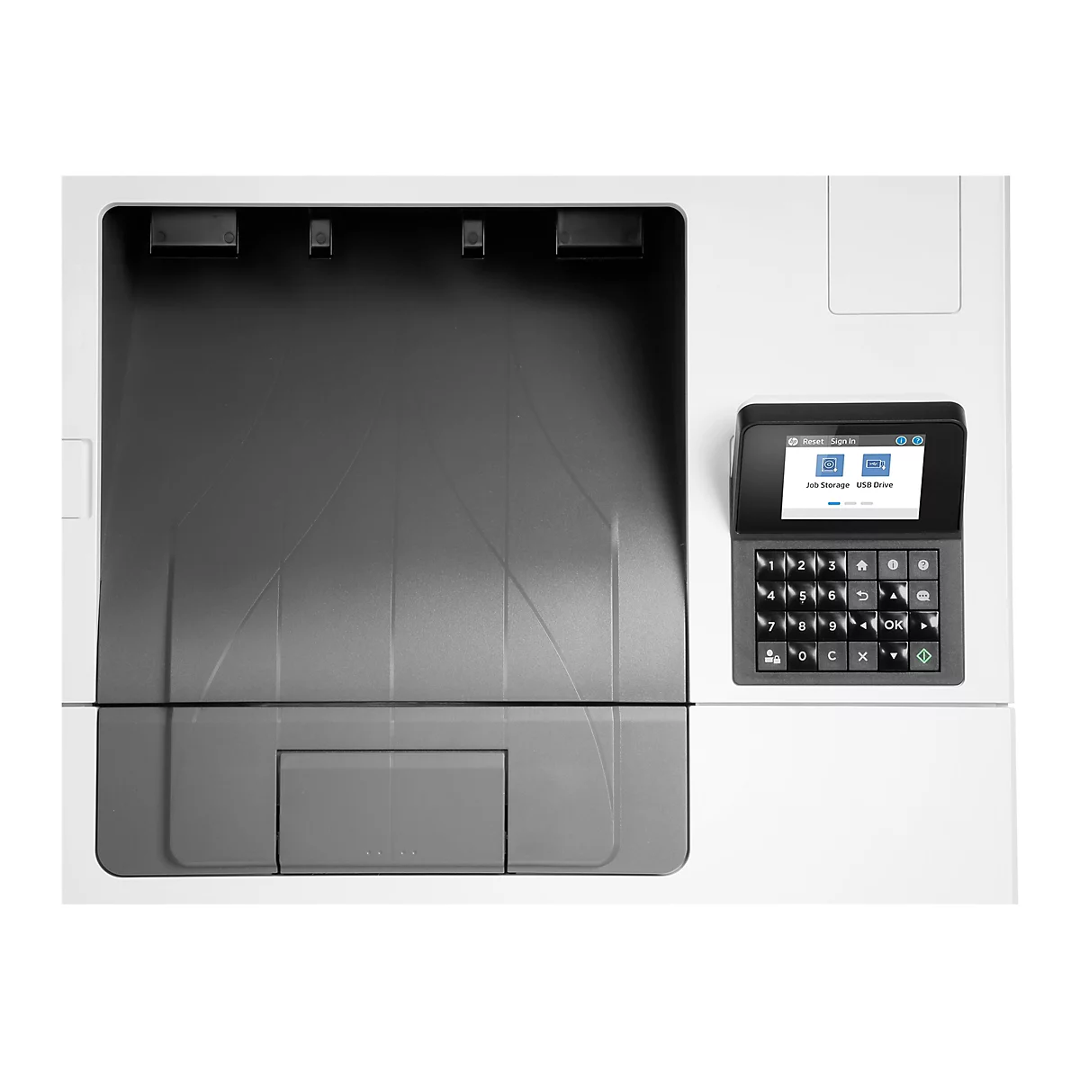 Nahaufnahme eines schwarzen Druckers, Fokus auf Bedienfeld mit Tasten und Display. Auf dem Display sind Optionen wie "Job Storage" und "USB Drive" sichtbar.