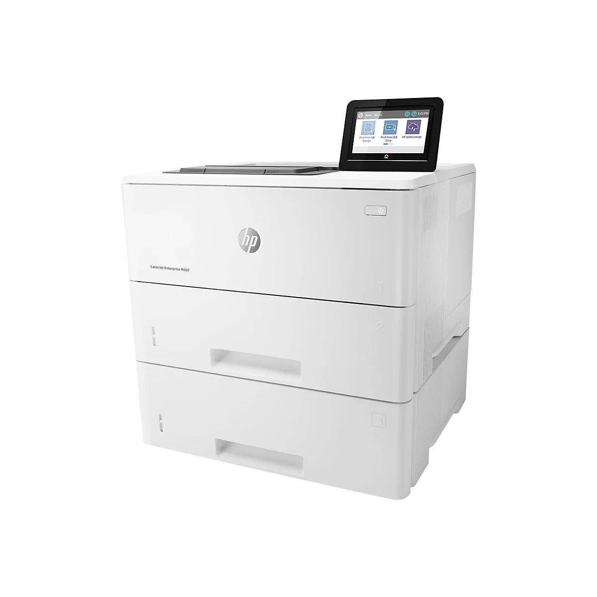 Weißer HP Drucker, Modell LaserJet Enterprise M507, mit Bedienfeld, Touchscreen und drei Schubladen.