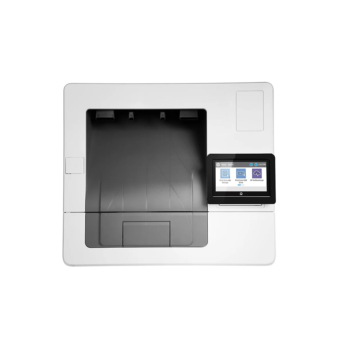 Ein weißer Drucker auf hellem Hintergrund. Der Touchscreen zeigt Optionen zum Drucken an.