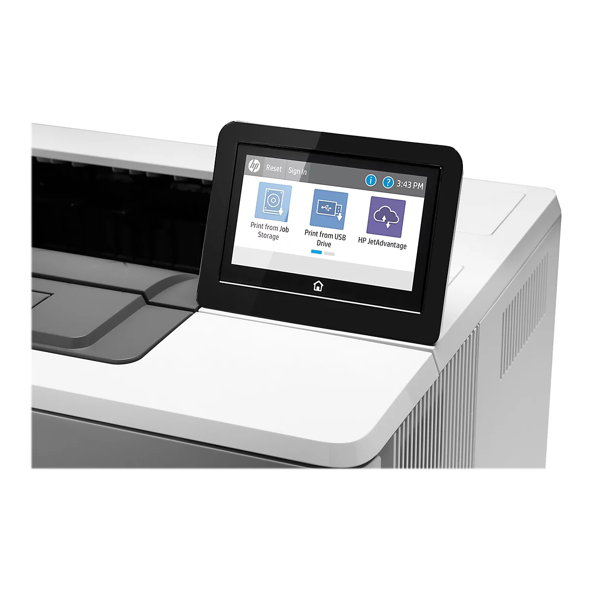 Nahaufnahme eines weißen Druckers mit Touchscreen, der Menüoptionen wie "Print from Job Storage" anzeigt. Die Uhrzeit wird als 3:43 PM angezeigt.