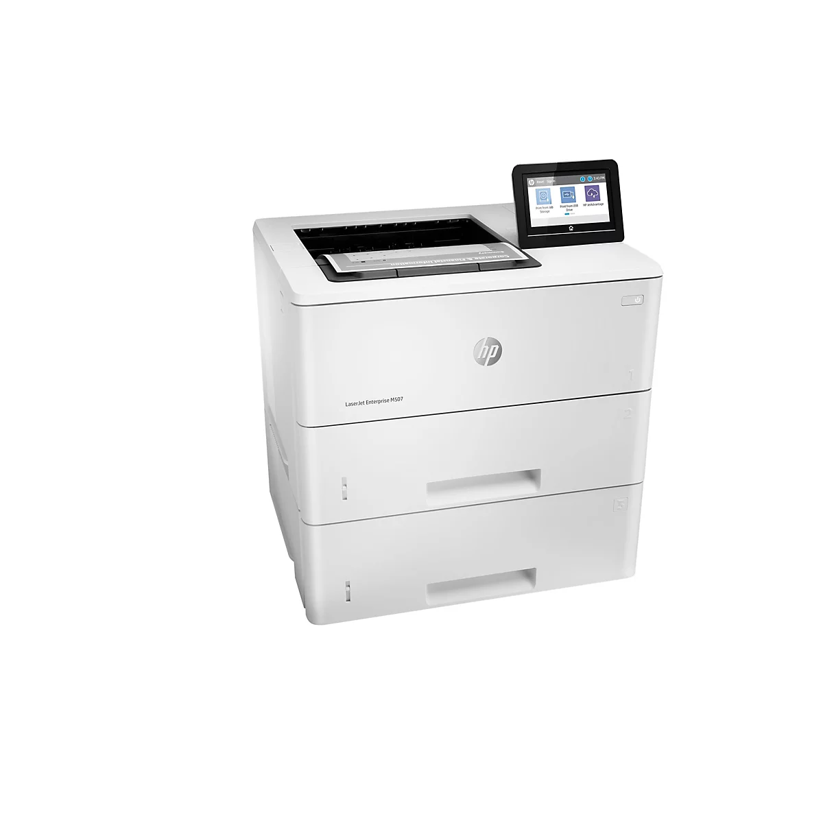 Weißer HP LaserJet Enterprise M507 Drucker mit Touchscreen. Ein Blatt Papier wird bedruckt.