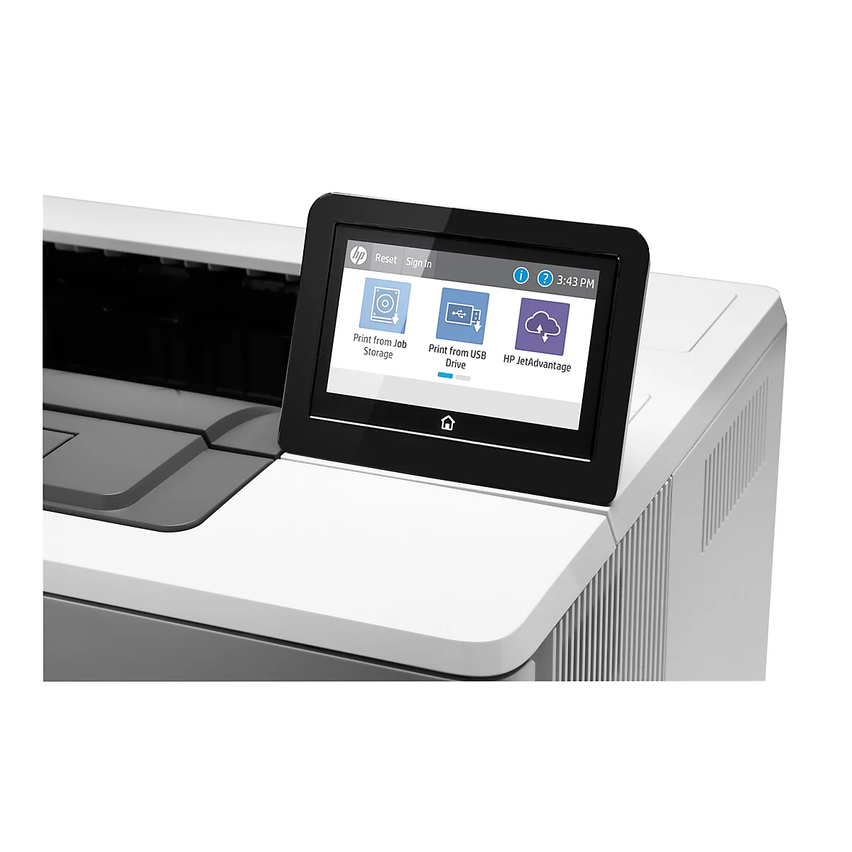 Ein weißer Drucker mit einem schwarzen Touchscreen, der verschiedene Optionen anzeigt.