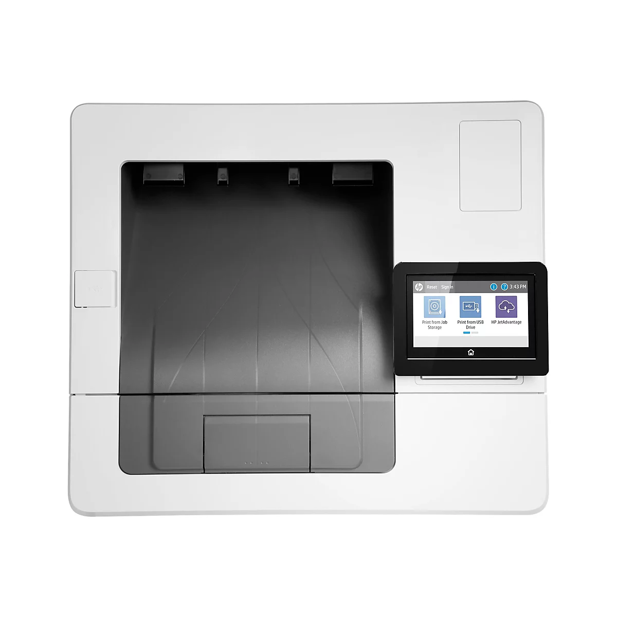Ein weißer Drucker mit einem Touchscreen, auf dem Optionen wie Drucken von USB und HP JetAdvantage angezeigt werden. Es ist 3:43 Uhr.