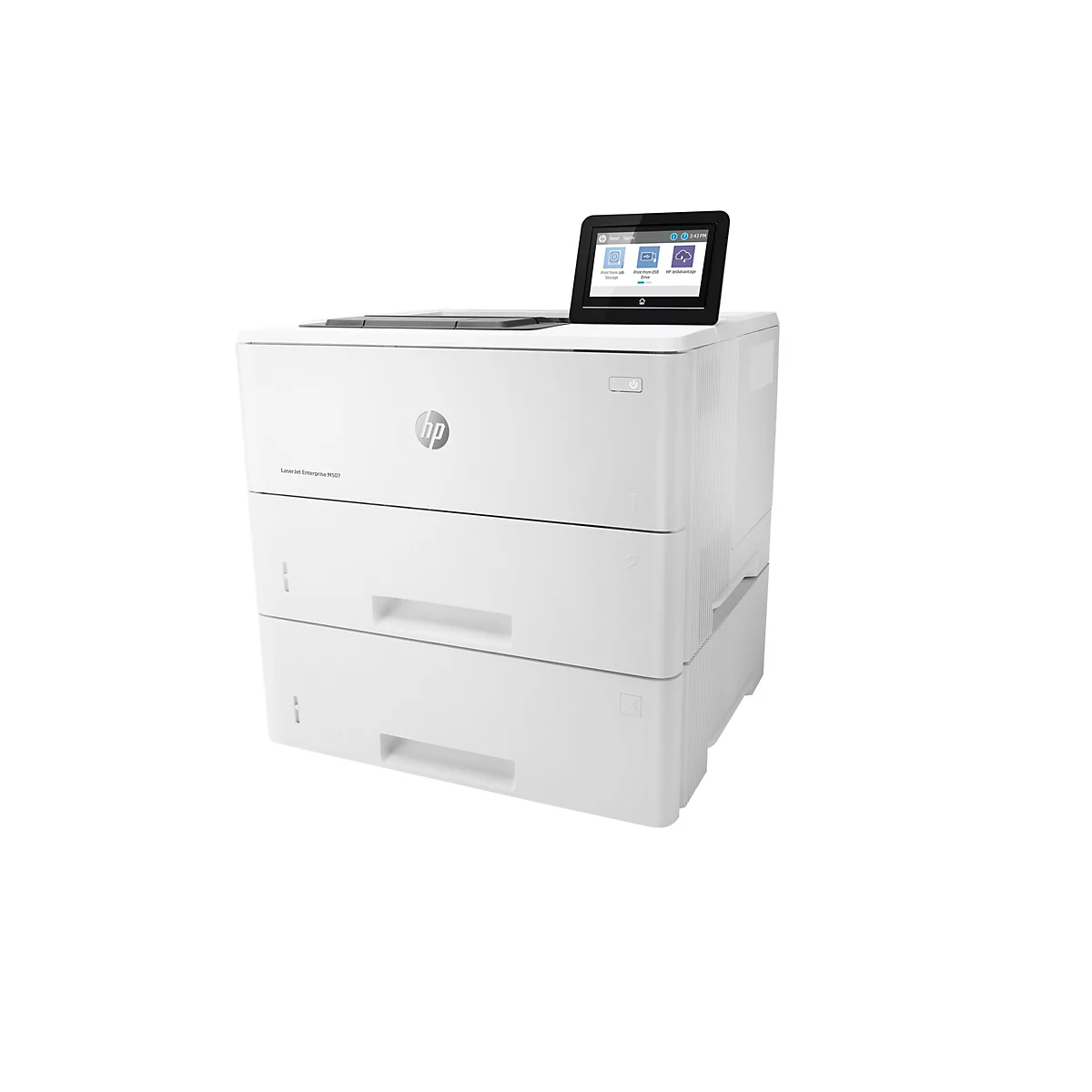 Weißer HP Laserdrucker mit Touchscreen. Auf dem Bildschirm wird die Uhrzeit angezeigt. Unten befinden sich zwei Schubladen. Auf der linken Seite befindet sich das HP Logo.