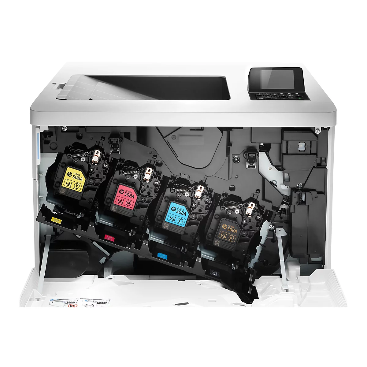 Der Blick in einen geöffneten Farblaserdrucker, mit geöffneter vorderer Klappe, zeigt vier Farbkartuschen: Gelb, Magenta, Cyan und Schwarz.
