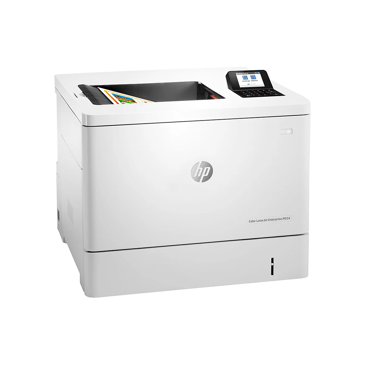 Ein weißer HP Color LaserJet Enterprise M554 Drucker. Auf dem Drucker liegt ein farbig bedrucktes Blatt. Auf dem Display sind Optionen wie "Job Storage" und "USB Drive" zu sehen.