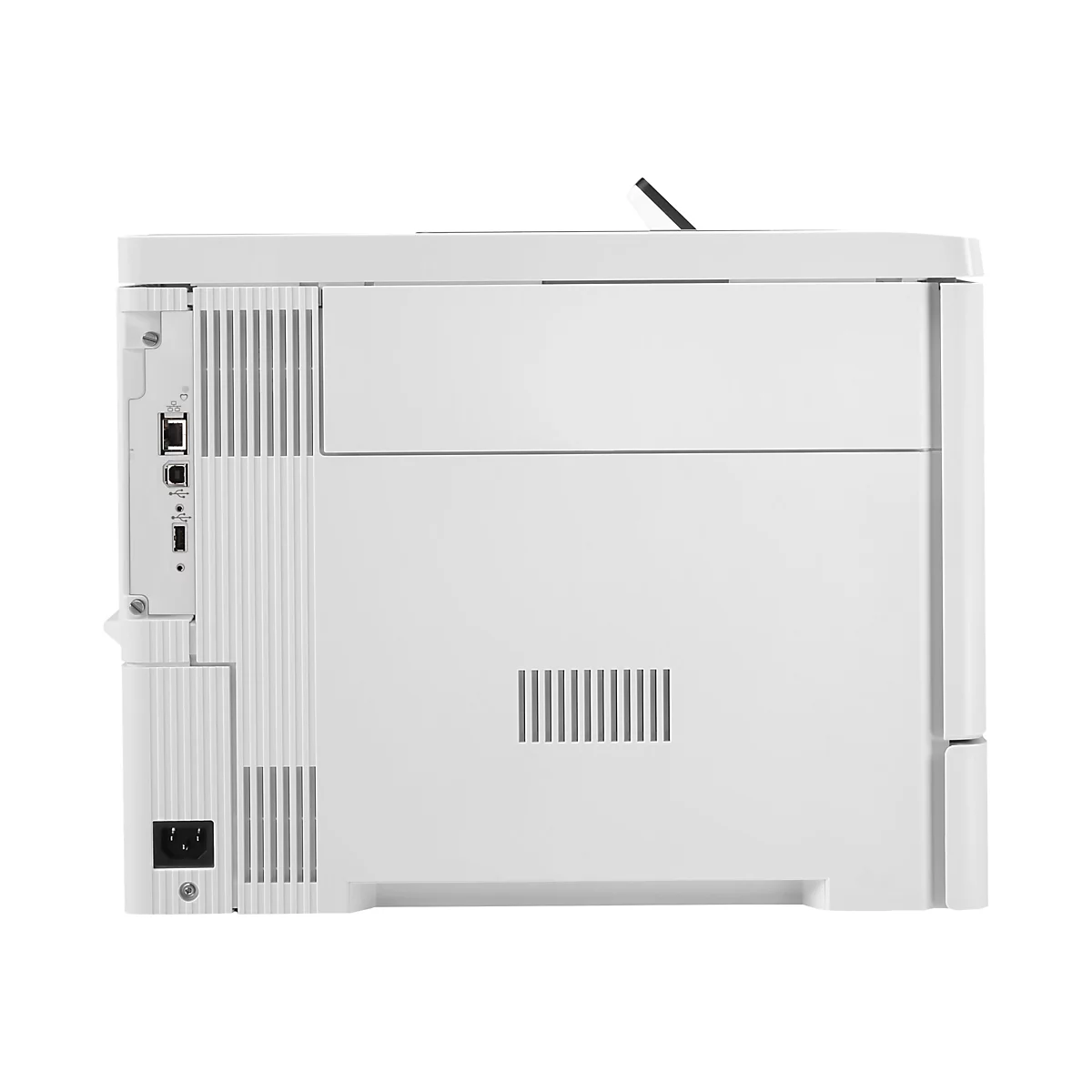 Ein weißer Drucker, von hinten gezeigt. Die Rückseite ist größtenteils glatt, mit einer Reihe von Lüftungsschlitzen und Anschlüssen für Strom und Kabel.