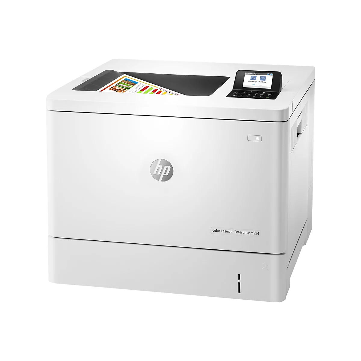 Weißer HP Color LaserJet Enterprise M554 Drucker, Papier wird im Deckel gedruckt, Steuerfeld.